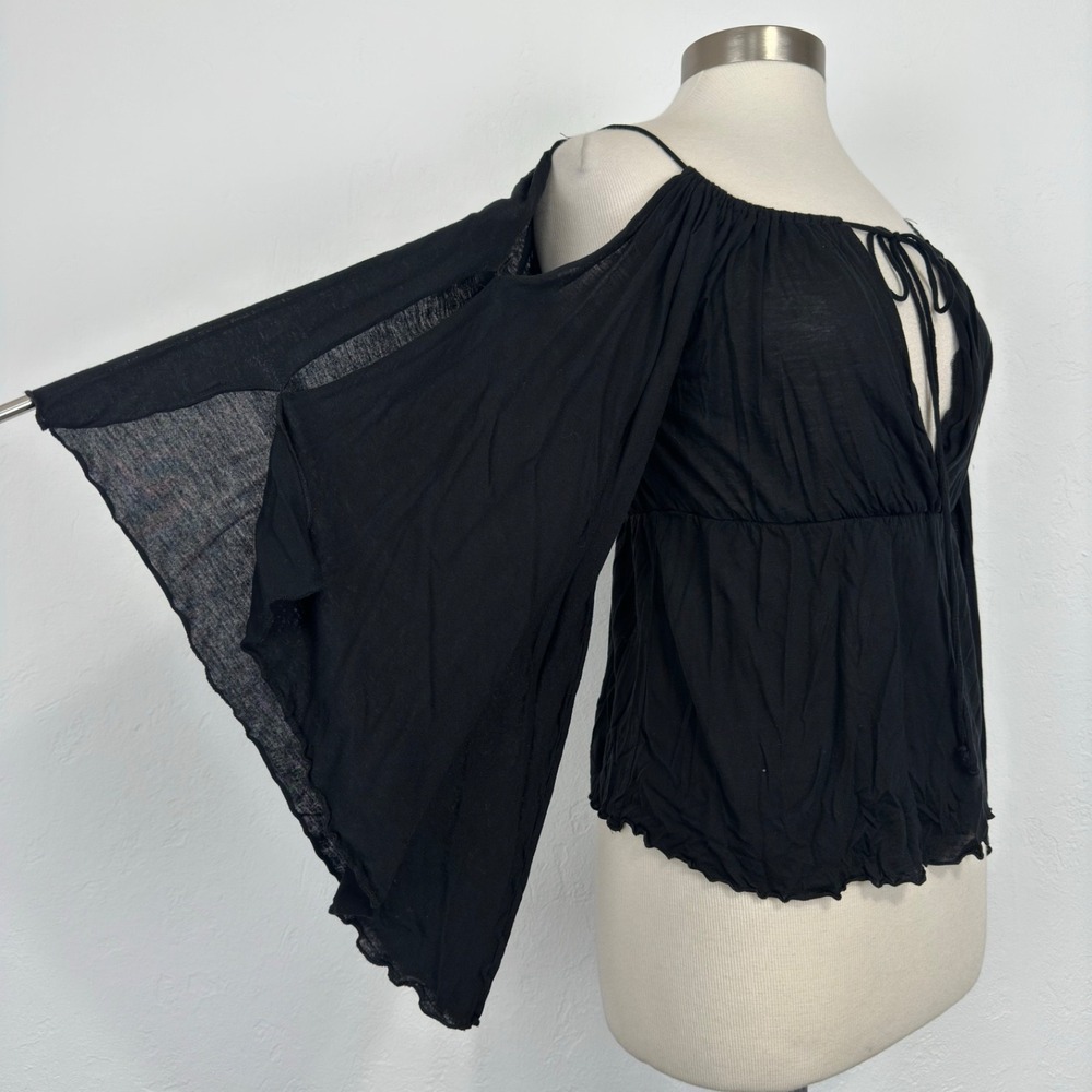 Vintage Y2K Whimsigoth Goth Fairy Top Size Small Black Lettuce Hem Bell Sleeve